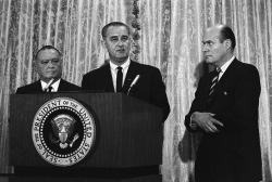 President Lyndon B. Johnson announcing the capture of Ku Klux Klan members suspected of murdering civil rights worker in Alabama