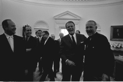 President Lyndon B. Johnson presents Billy Graham with the Big Brothers of America Award