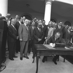 Signing of bill establishing the Department of Housing and Urban Development (HUD) also referred to as the Housing and Urban Development Act