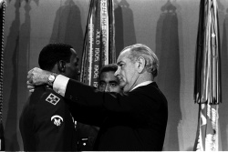 Pres. Lyndon B. Johnson presents Medals of Honor to five members of the U.S. Armed Services